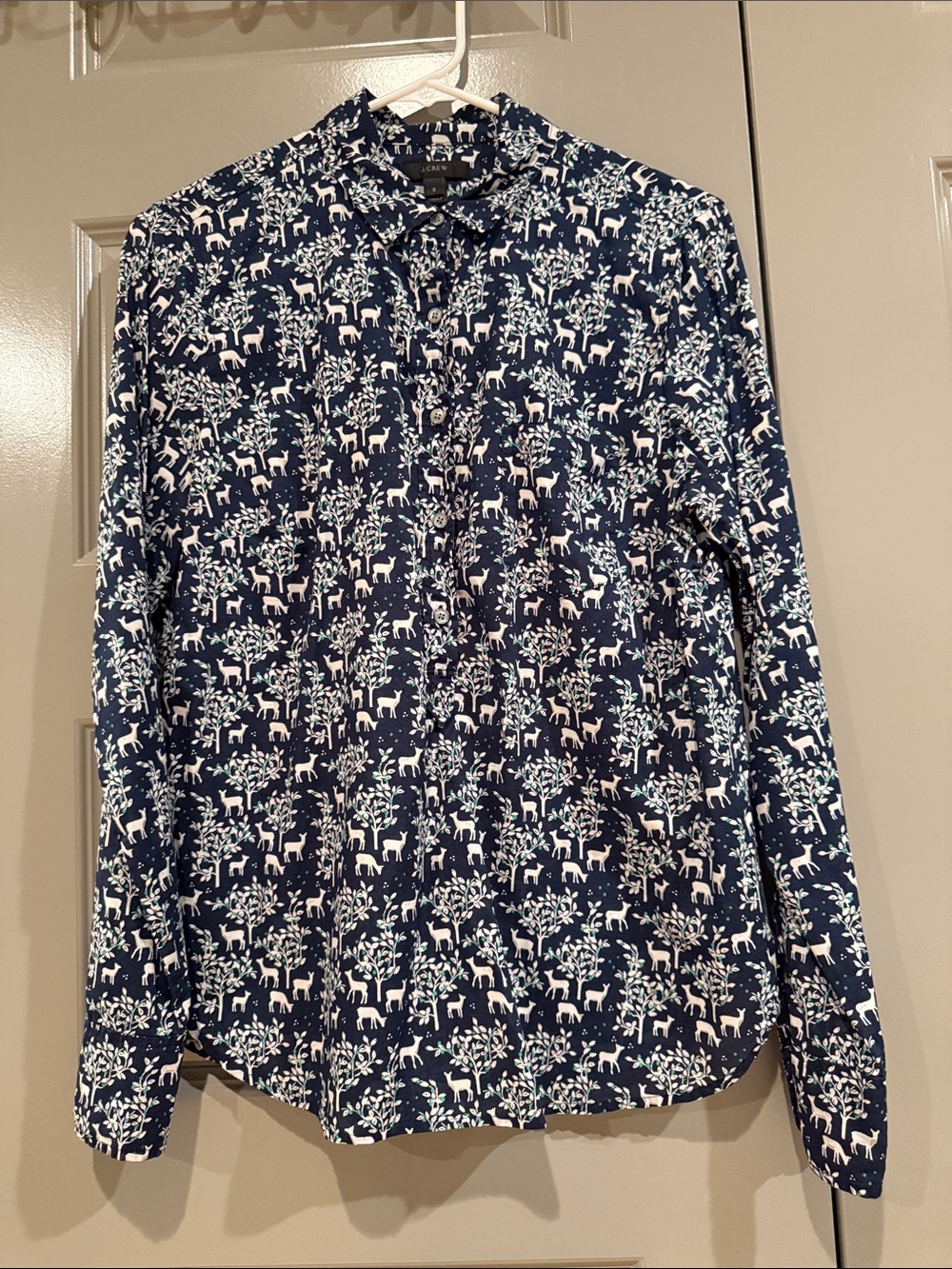 J. Crew Navy Novelty Popover Shirt with Deer & Tree Print